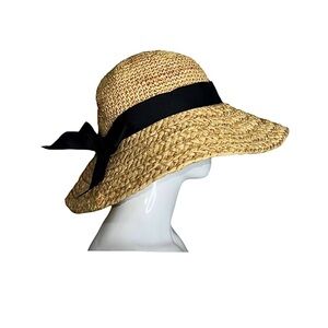 Ann Taylor Natural Fiber Tan with Black Bow Straw Bucket Hat